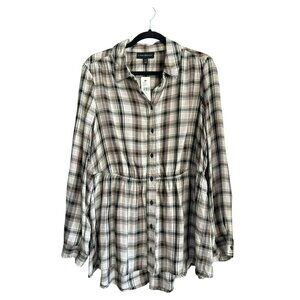 Lane Bryant Womens Plaid Button-Up Peplum Shirt Size 14/16 Rayon Black/Beige NWT